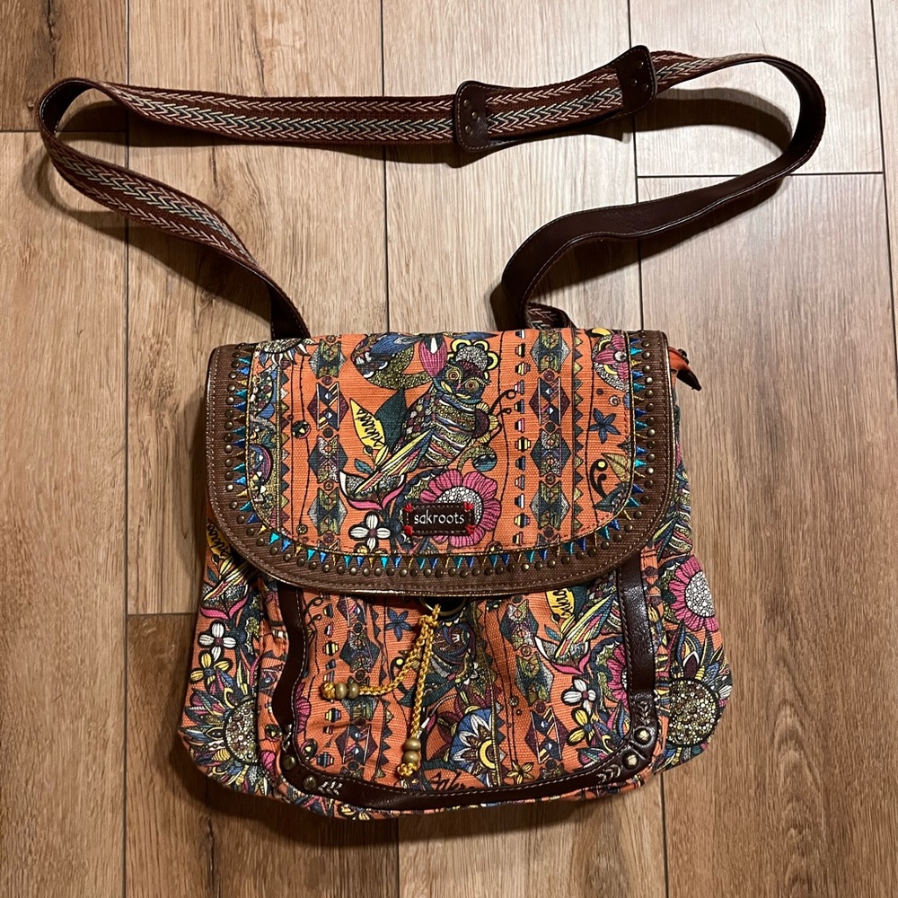 Sakroots convertible messenger bag / back pack. Bohemian owl print
